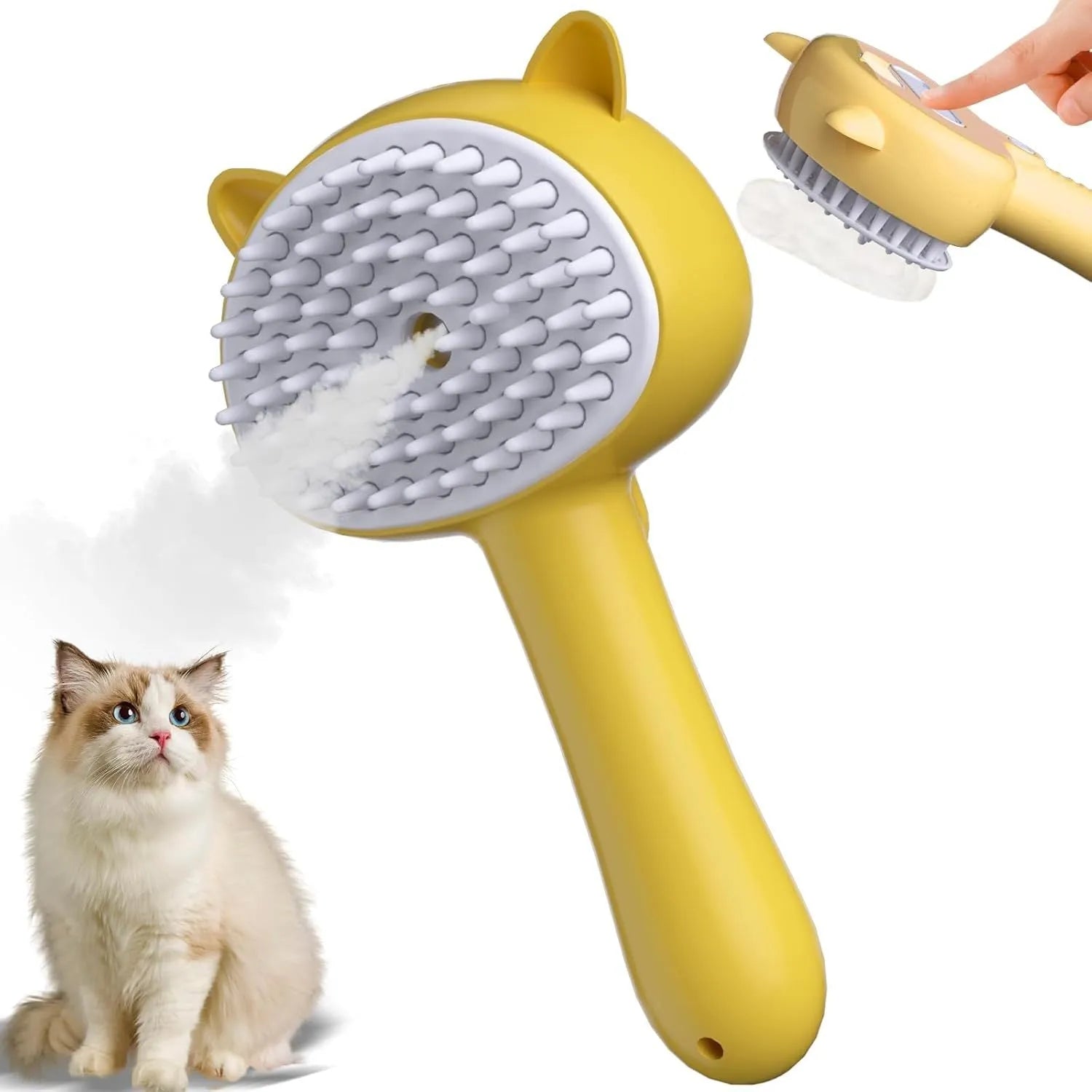 Cat ear-shaped steam brush with ergonomic handle and release button in blue, pink or yellow colour