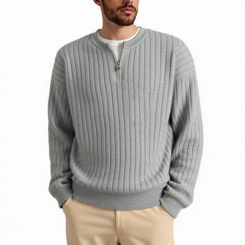 Men's grey half-zip textured knit pullover sweater with loose fit and long sleeves