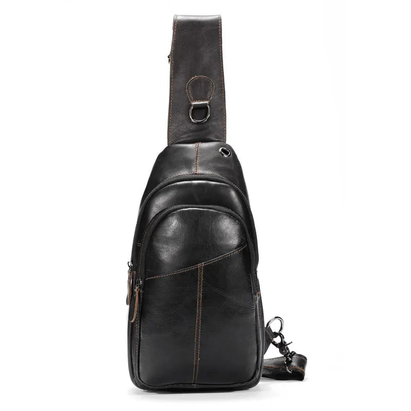 Men's fashion casual leather crossbody bag in cowhide with stitching, black and brown colours
