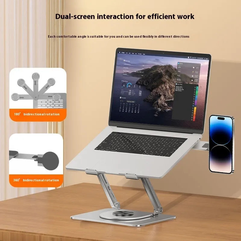 Silver carbon steel laptop stand with rotating base and integrated magnetic side phone holder.