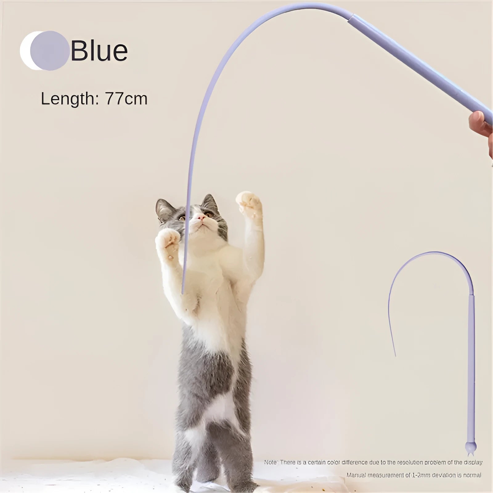 Blue cat teasing stick with 80cm silicone tail and cat head design for interactive feline play