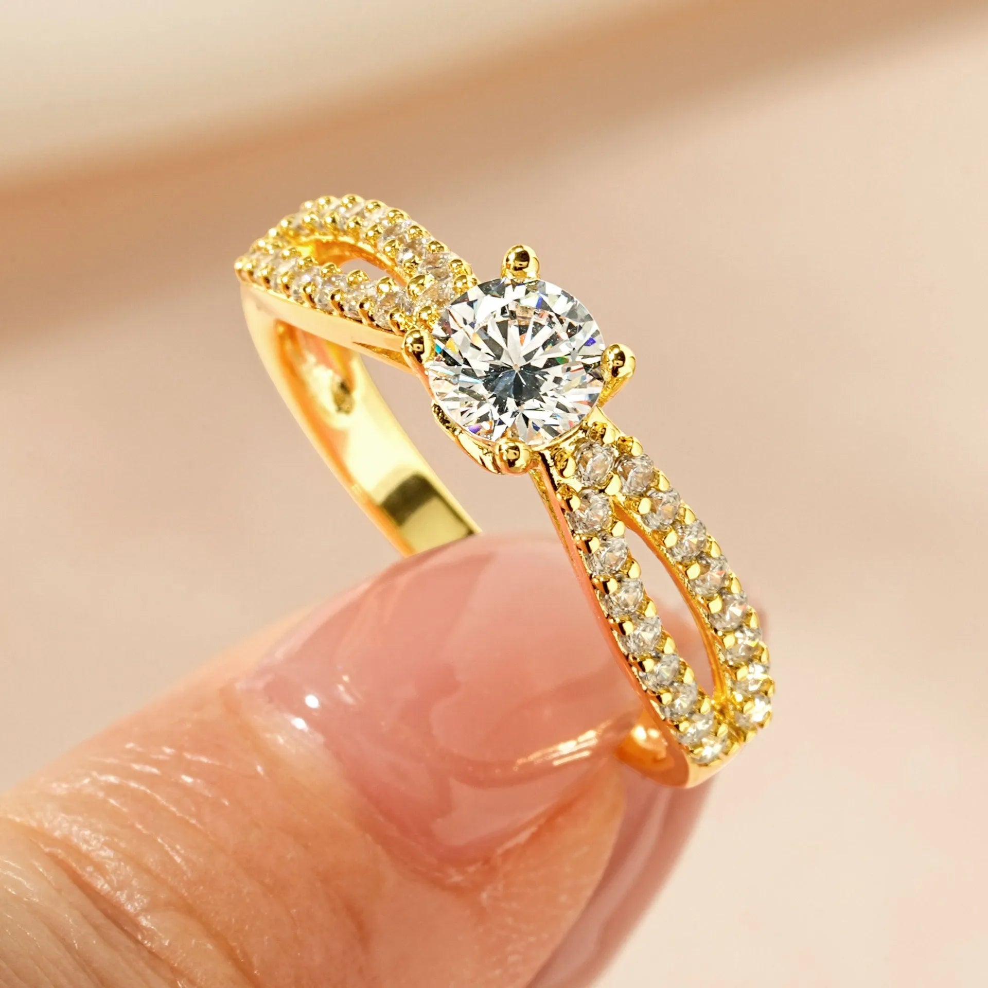 Women's luxury zircon ring with copper electroplating in heart, split arm, and star diamond designs