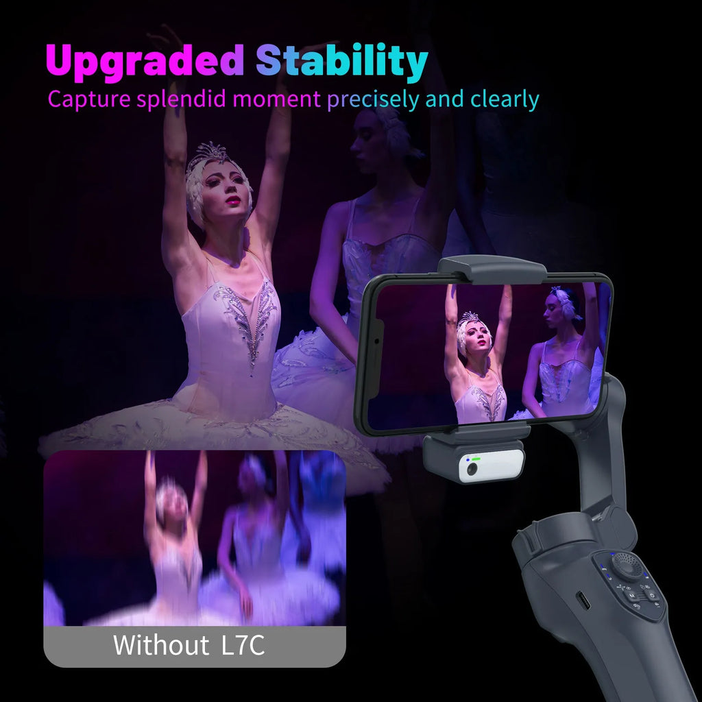 Foldable handheld camera stabiliser gimbal in gun metal colour with USB port.