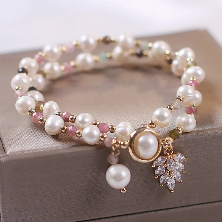 Women's double-layer strawberry quartz bracelet with Lucky Cat charm and red cat's eye flowers