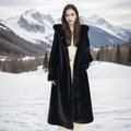 Long plus size brown leopard print faux fur coat for women on a hanger