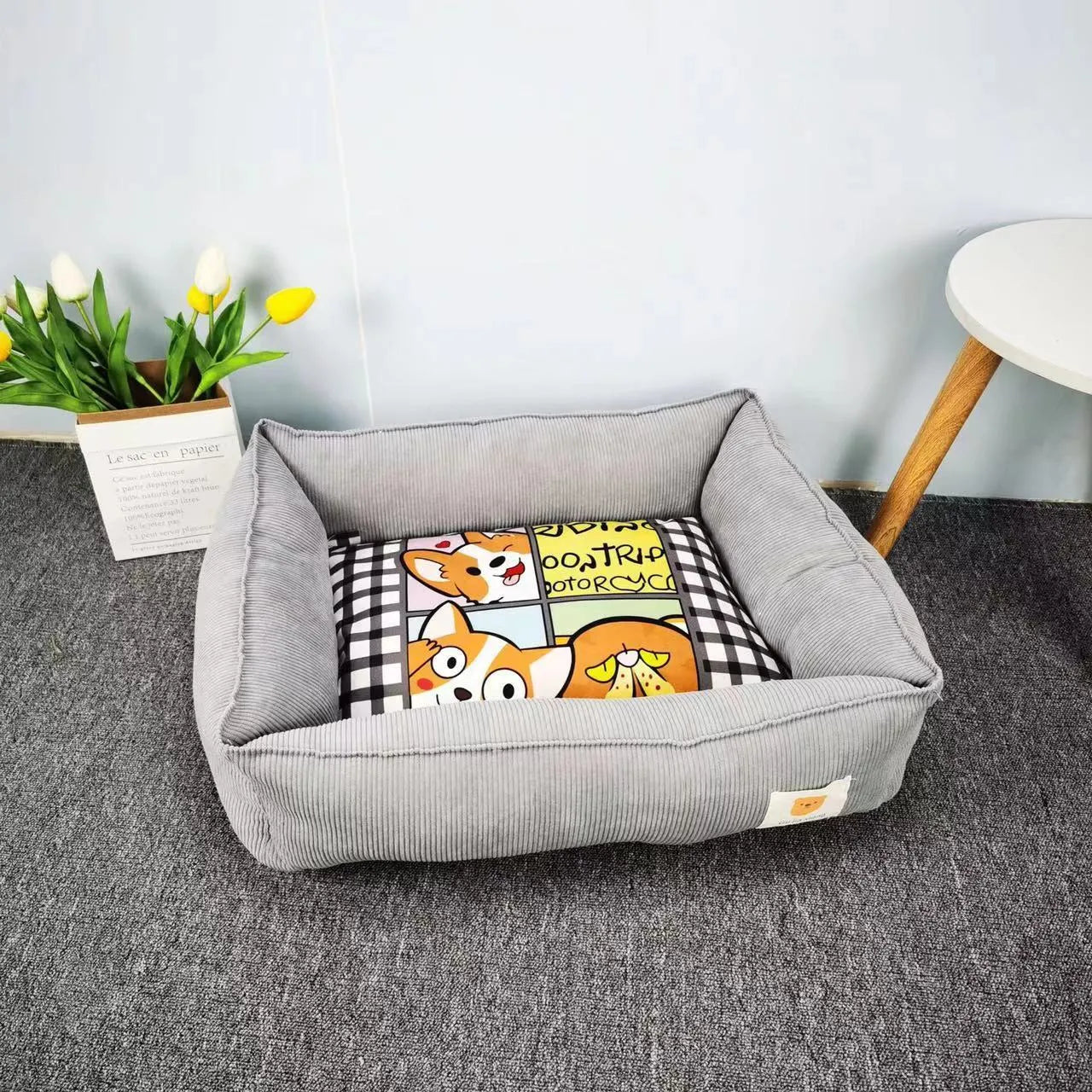 Light blue winter dog nest with soft velvet lining, shown in a 50x40cm size.