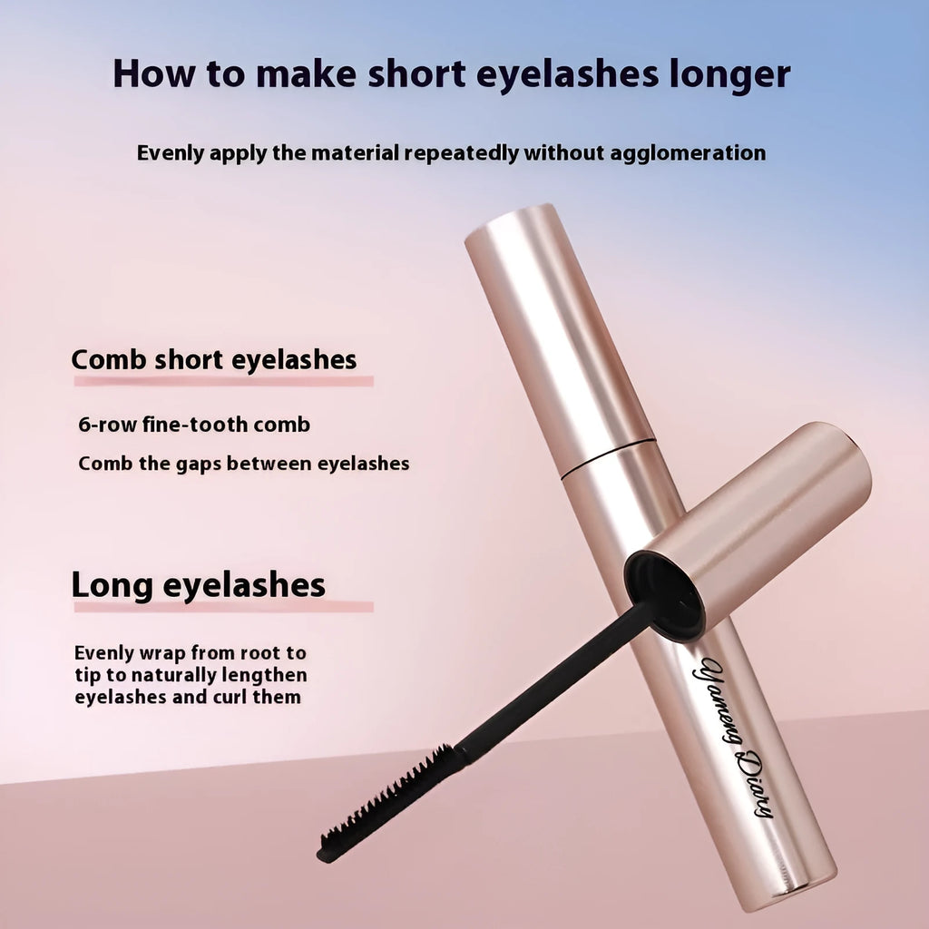 Tube of long curling long-lasting mascara shown in black and brown colour options with applicator wand.