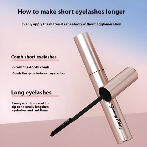 Tube of long curling long-lasting mascara shown in black and brown colour options with applicator wand.