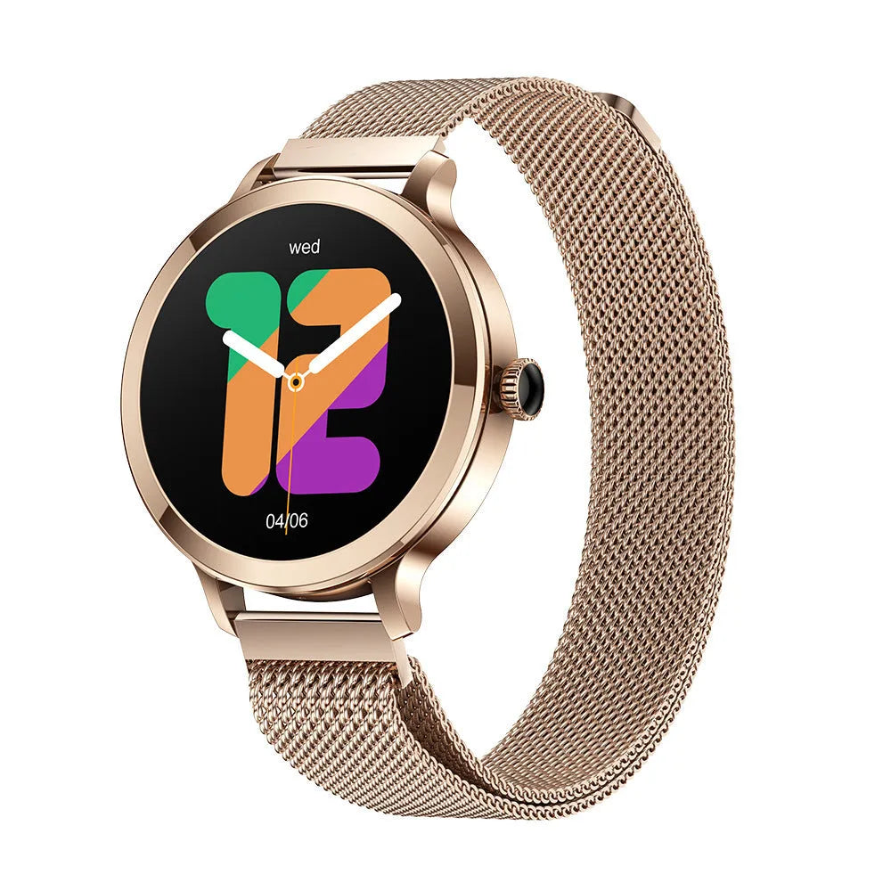 Women's AMOLED smart watch with Bluetooth calling and blood pressure monitoring on a wrist, gold steel finish, 1.106 inch screen