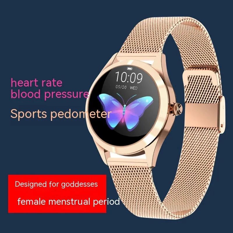 Women's multi-function smartwatch with heart rate monitor on wrist in black, rose gold, silver, or white.