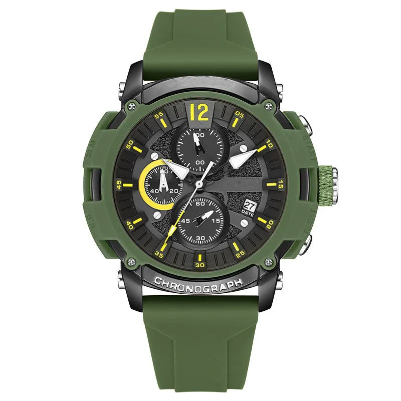Men's waterproof quartz watch with luminous display and calendar functions on wrist
