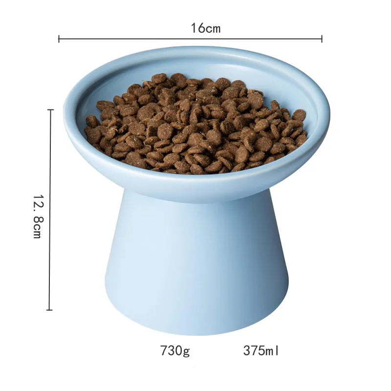 Ceramic elevated cat bowl with wide shallow design in blue, green, pink or white