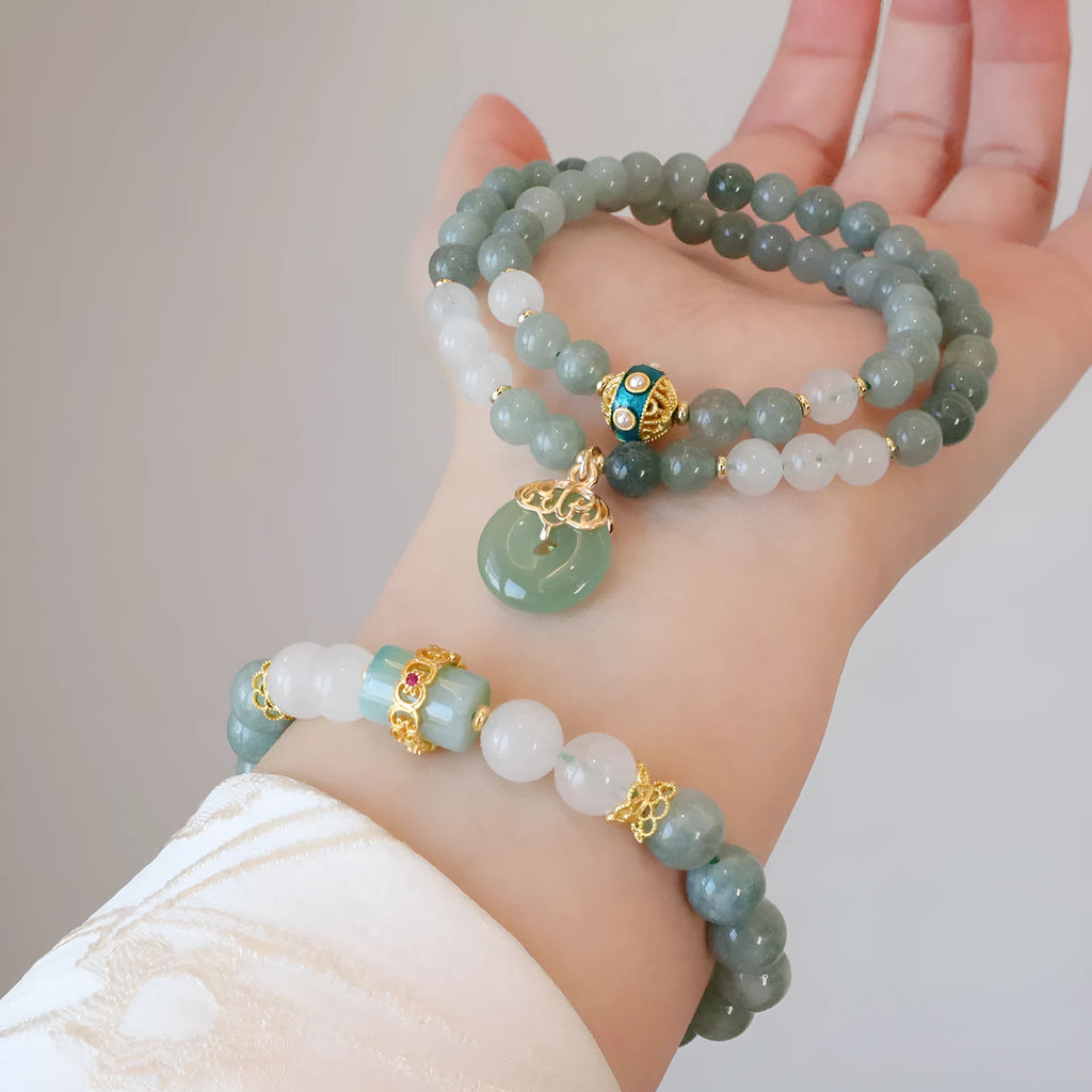 Women's Myanmar jade safety buckle bracelet with geometric beads and peace buckle pendant