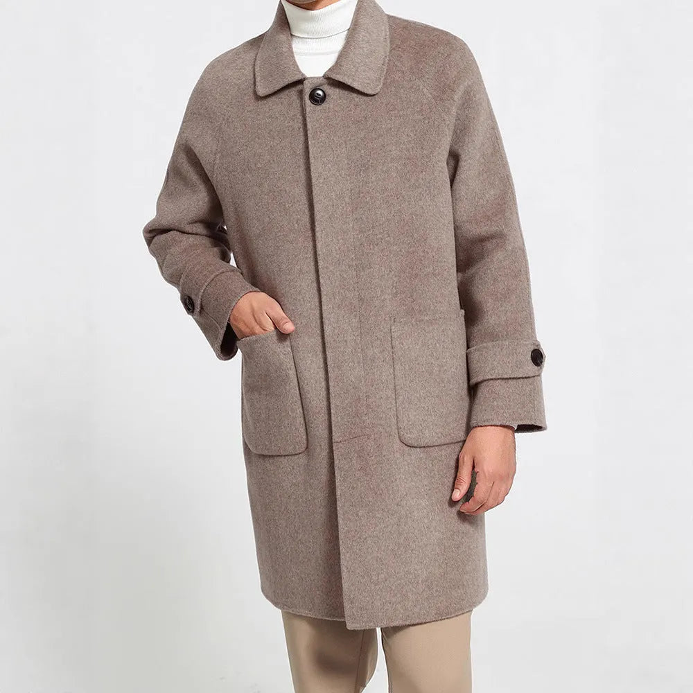 Men's wool reversible mid-length single-breasted baggy coat in black with wool lining