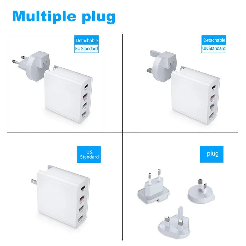 White and black multi-port fast charger with USB ports for PD and QC charging