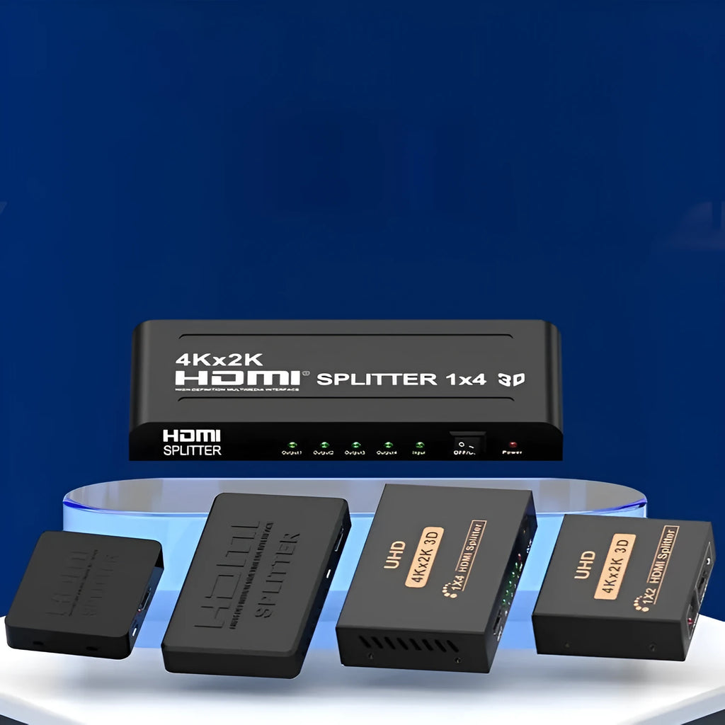 HDMI splitter device distributing 4K video to two displays with multiple power interface options