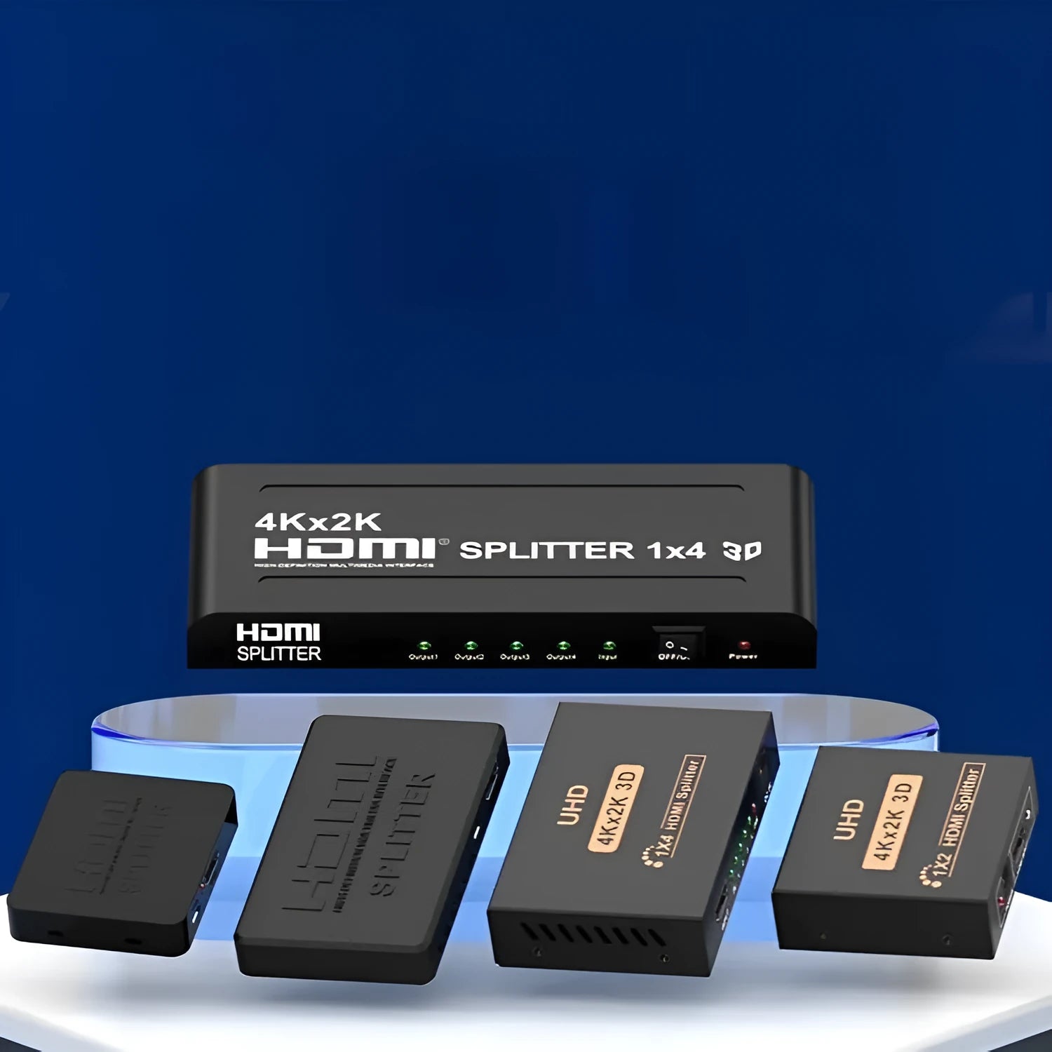 HDMI splitter device distributing 4K video to two displays with multiple power interface options