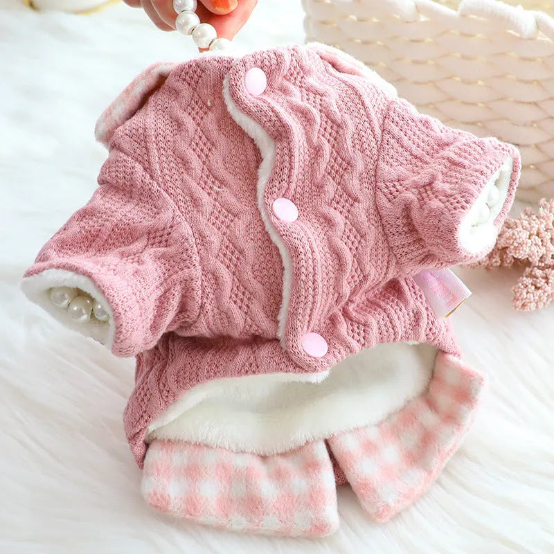 Blue wool plaid dog sweater with fleece lining shown in medium size on mannequin