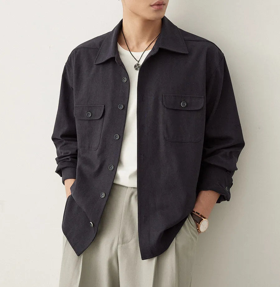 Men's casual shirt with cotton fabric lapels in Light Sand Rice colour, showing long sleeves and simple profile.
