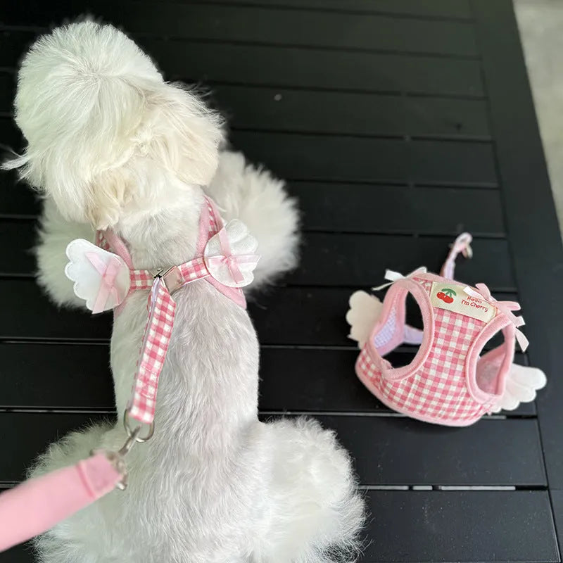 Cotton chest and back dog harness with hand-holding rope in pink and black colours