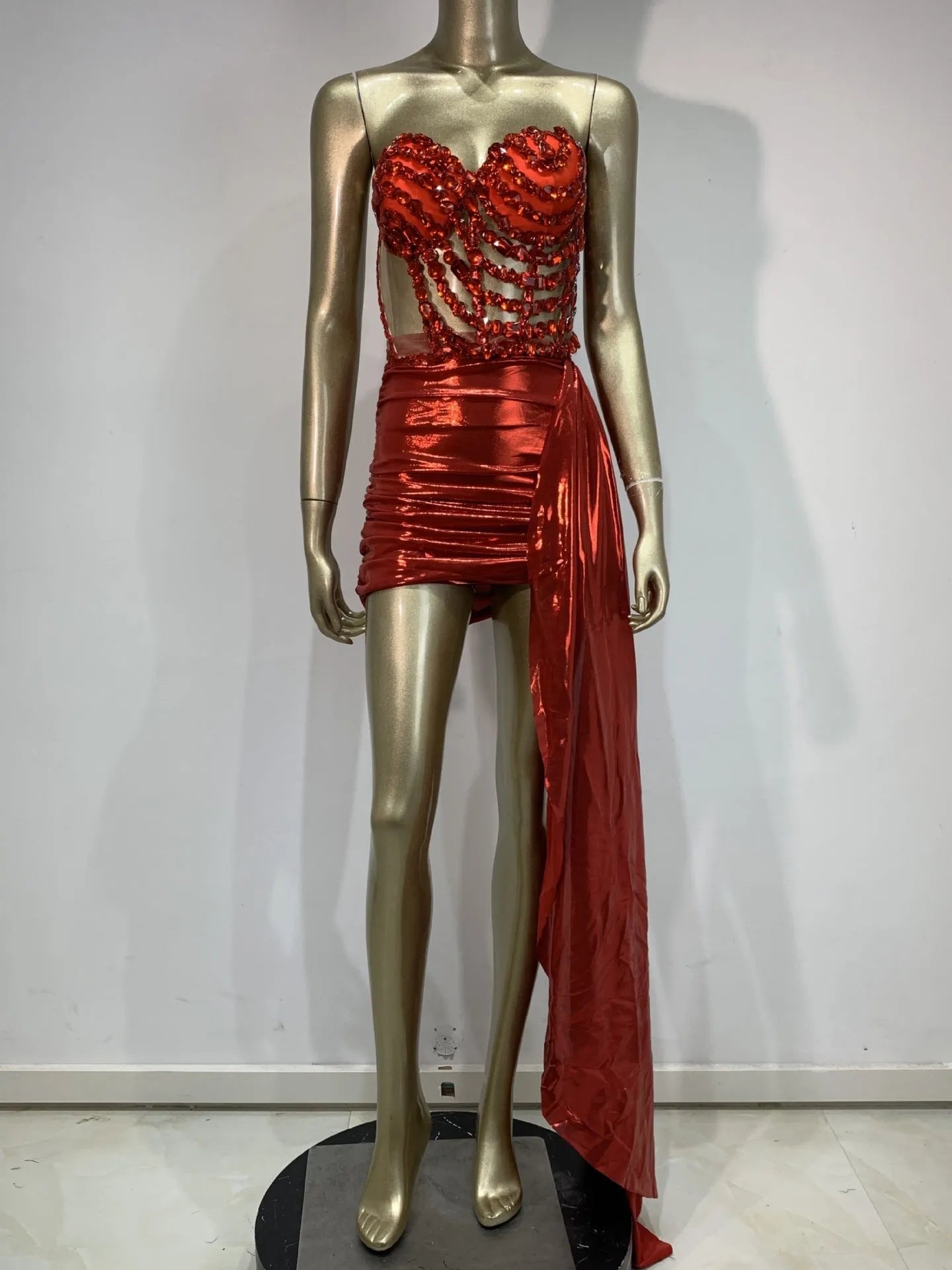 Red hollow mesh see-through skirt suit stage costume for women performers