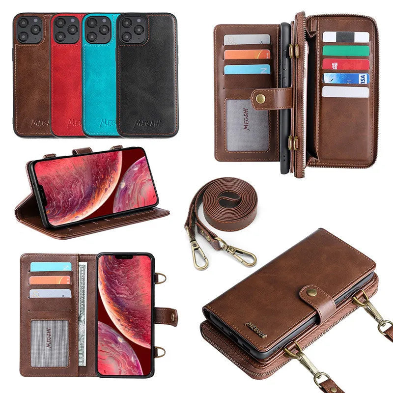 Black detachable magnetic wallet phone case for iPhone and Samsung Galaxy Note models on a table.