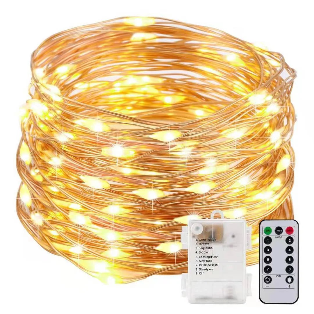 Copper wire string light with 120 LED lamps in various colour options on 12-metre length