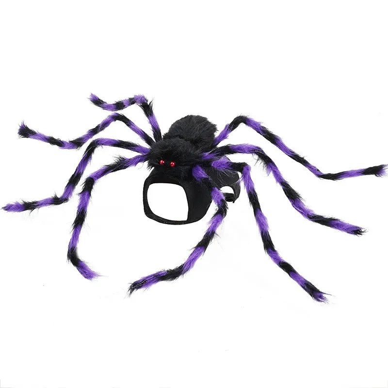 Grey spider Halloween costume on a dog showing the full outfit with multiple legs.