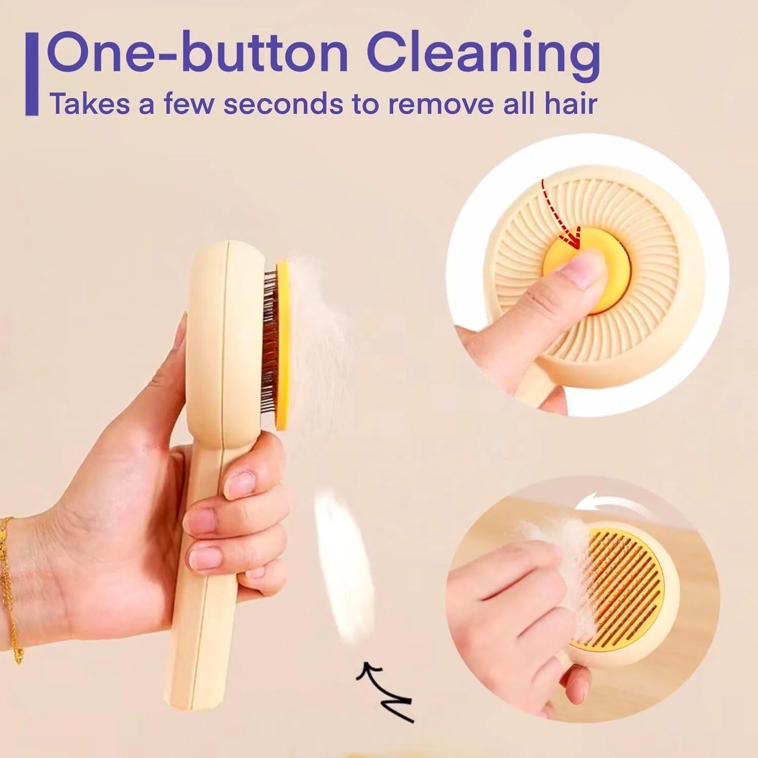 Blue and yellow pet grooming brush with self-cleaning button and angled wire needles
