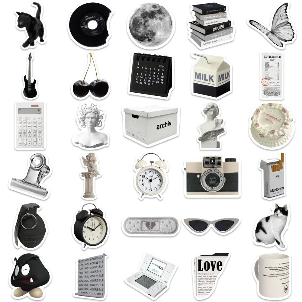 61 black and white PVC waterproof stickers for laptops, phones, luggage, and skateboards.