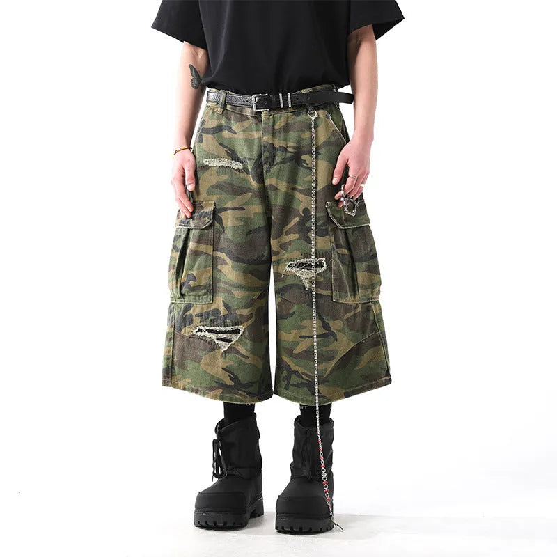 Men's retro camouflage denim cropped trousers with straight leg and mid waist, cotton fabric, multiple sizes