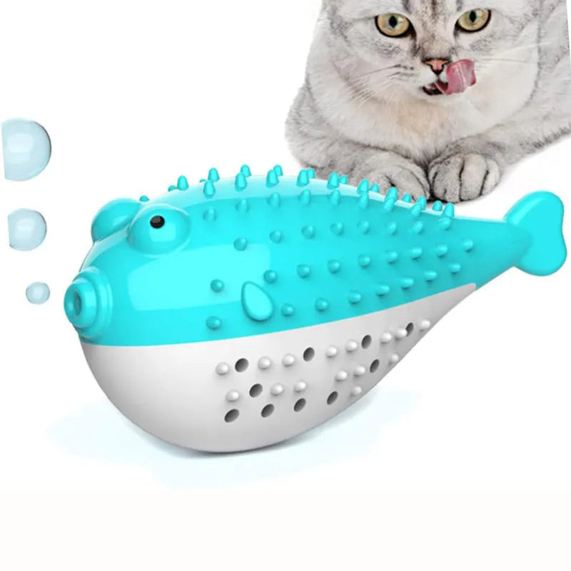 Blue silicone fish-shaped cat chew toy with measurements showing 12.2 cm length