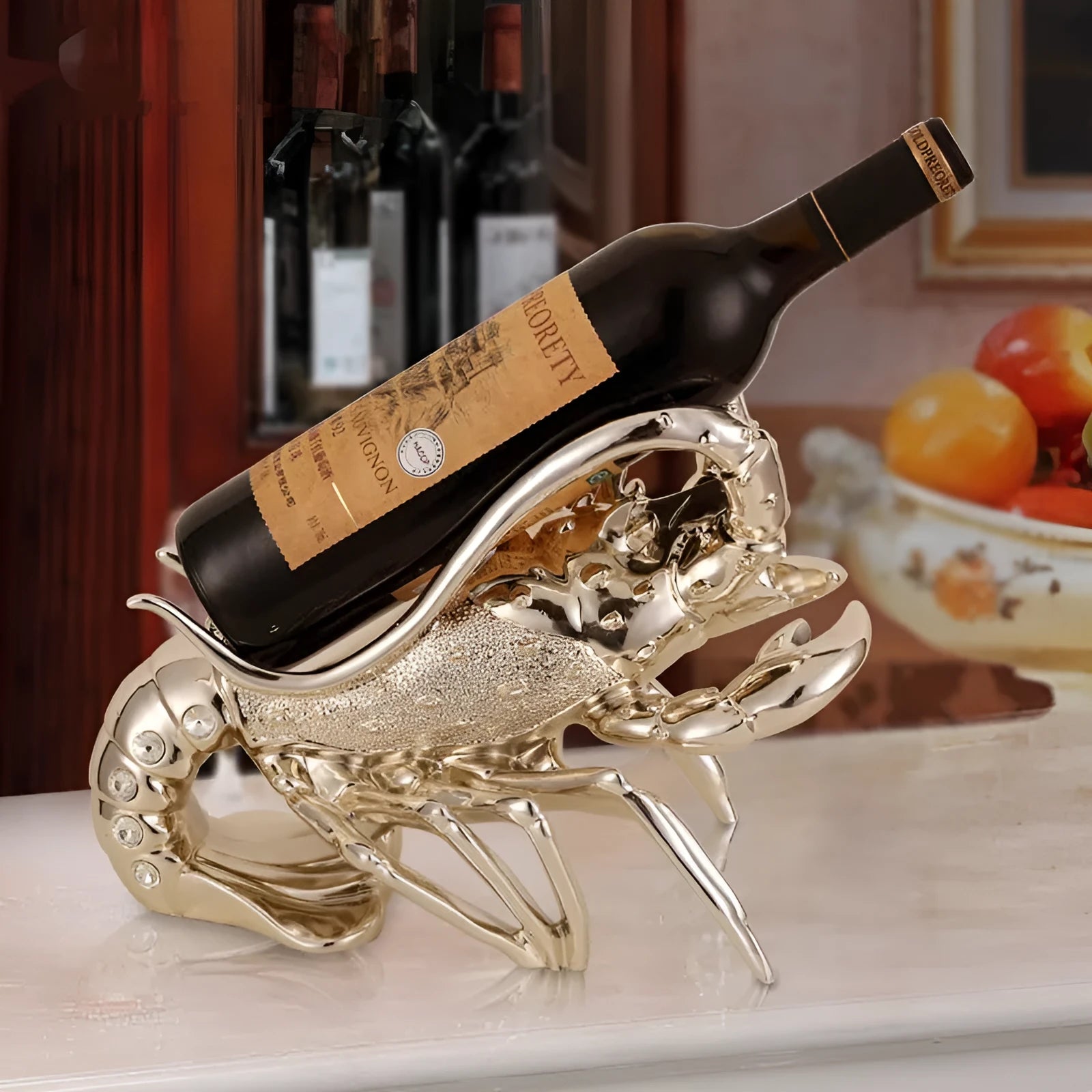 Lobster-shaped decorative wine bottle holder ornament in rose gold or silver resin.