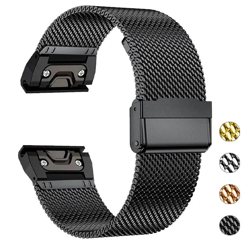 Stainless steel Garmin Fenix watch strap with integrated card slot in silver colour.