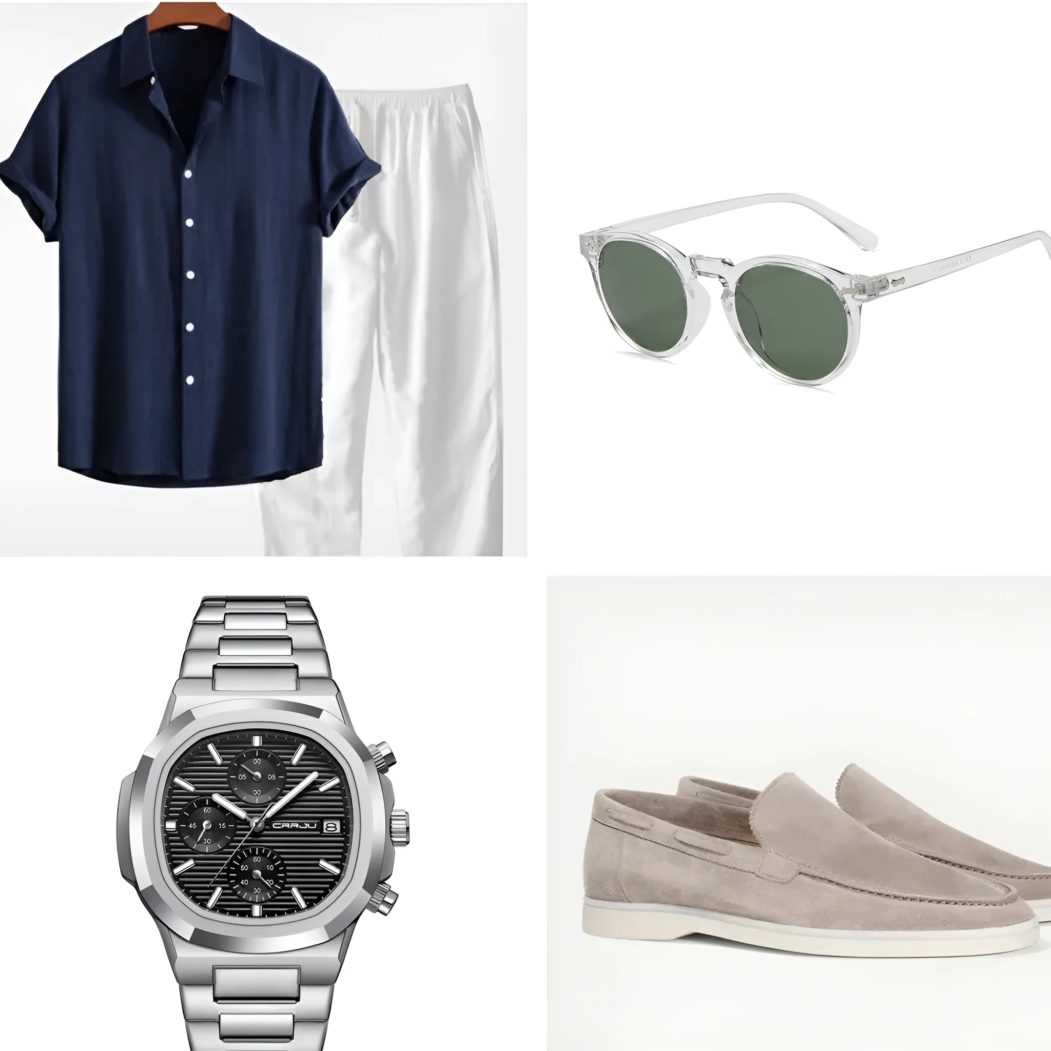 Women's navy blue cotton linen summer suit set with half sleeves, trousers and matching accessories