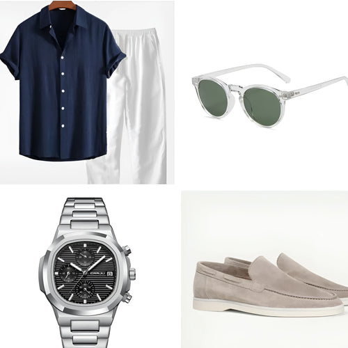 Women's navy blue cotton linen summer suit set with half sleeves, trousers and matching accessories