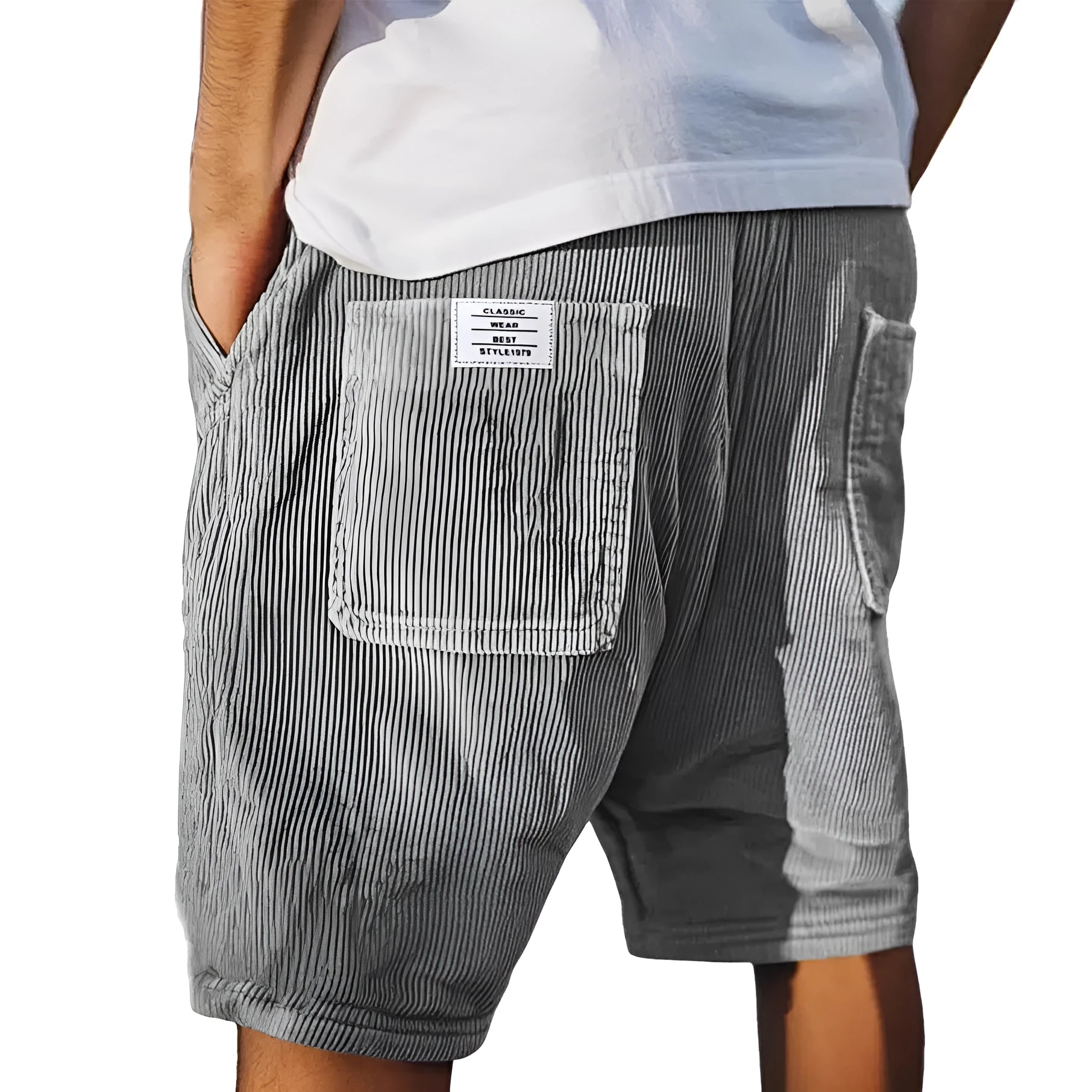 Men's gray corduroy shorts with multiple pockets and embroidery detail on straight-leg summer design