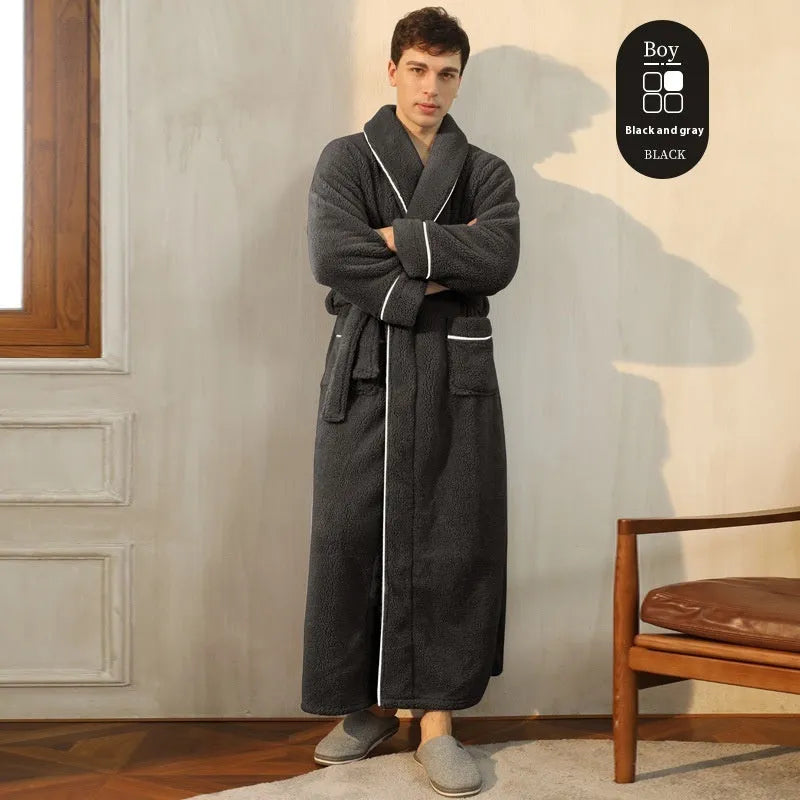 Men's and women's thick flannel bathrobe couple set in winter colours with extended plus sizing