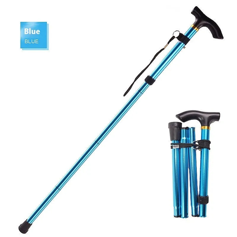 Aluminium folding walking cane extended to show height adjustment with non-slip handle