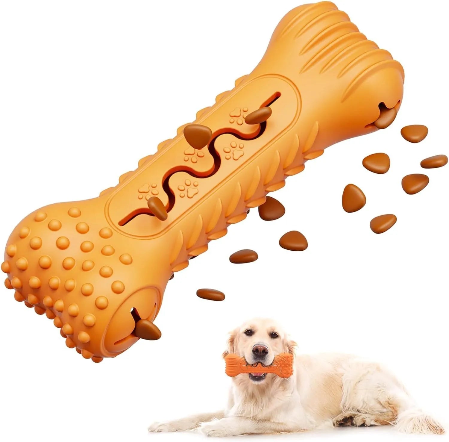 Blue green orange natural rubber bone-shaped dog chew toy for aggressive chewers with textured teeth cleaning surface