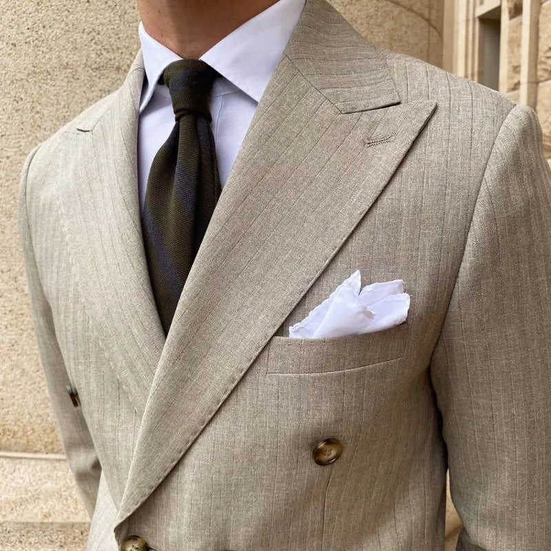 Mr. Lu San grey striped notch lapel two-piece suit jacket and trousers on hanger