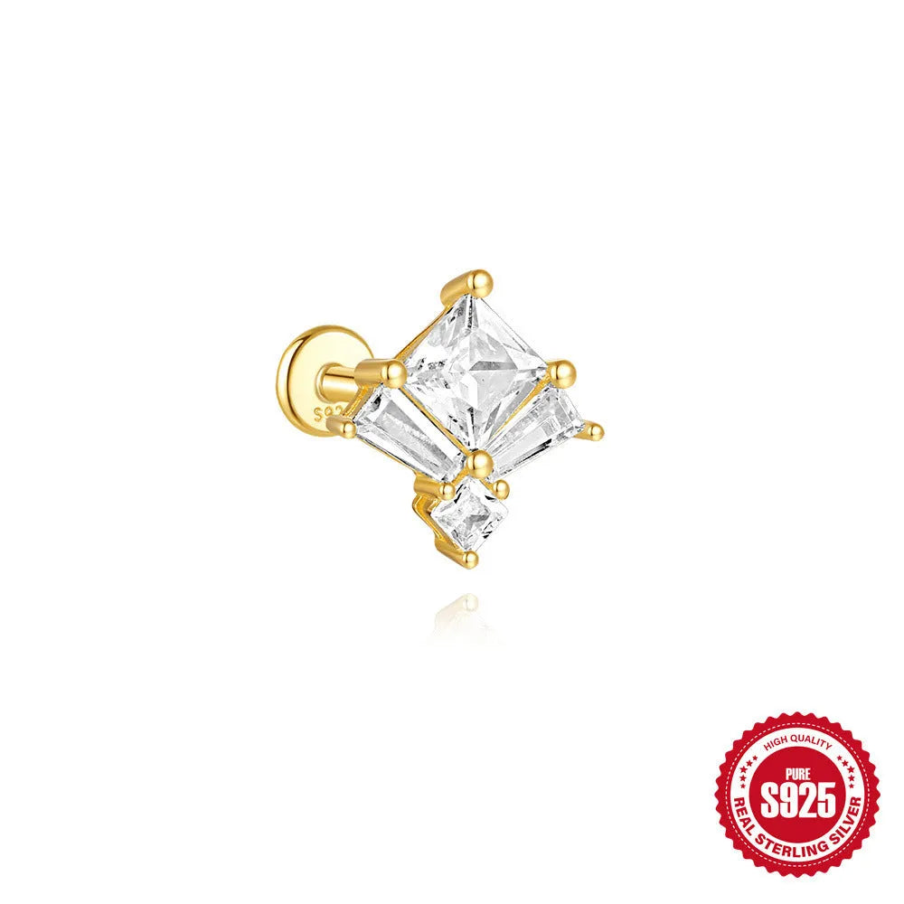 S925 sterling silver zircon geometric stud earrings with gold-plated finishes in clover, crown and chain designs