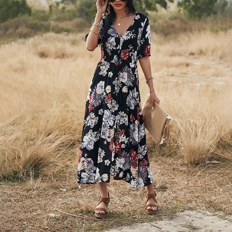 Women's floral summer beach dress with V neck and elastic waist in mid-length cut