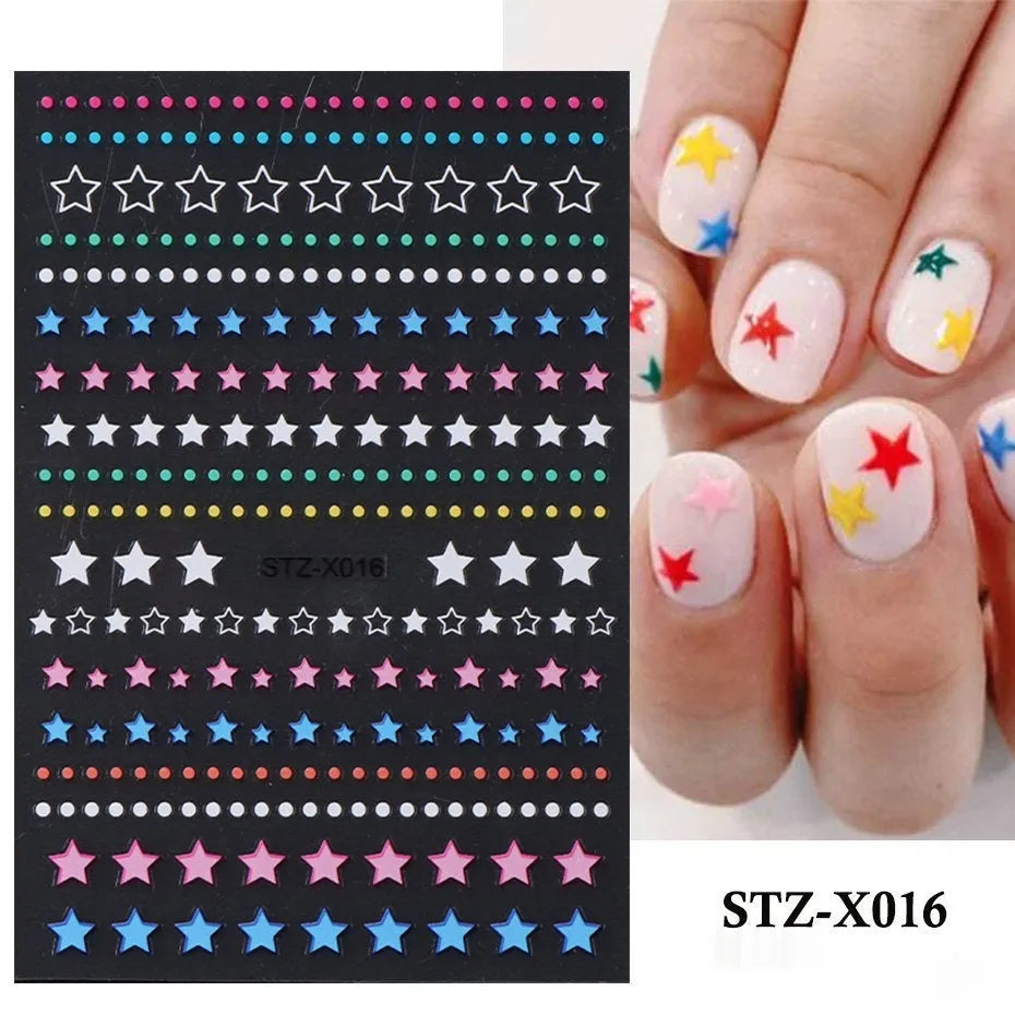 Pack of black and silver striped nail art stickers with cartoon and love pattern designs.
