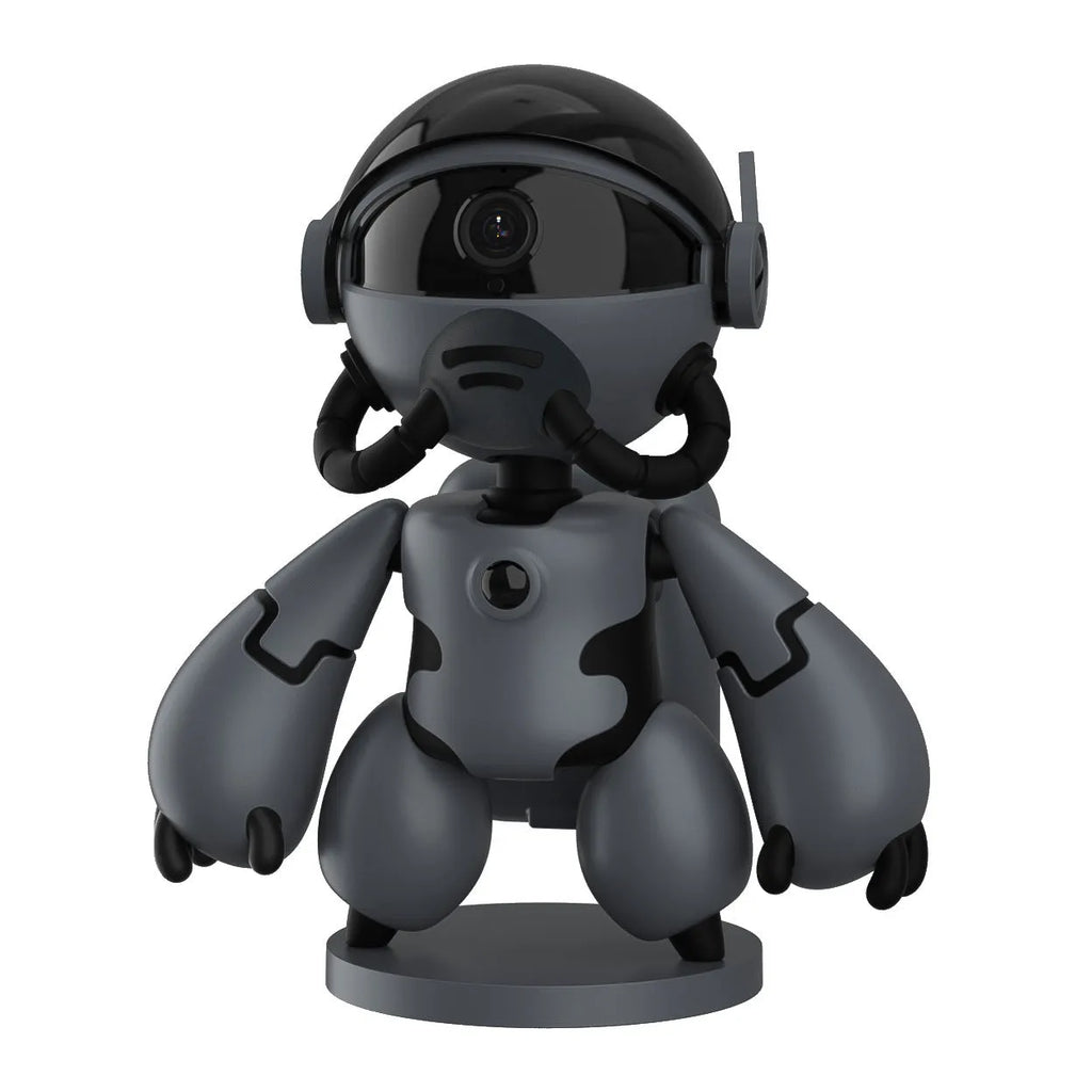 White or black Space Robot home monitoring camera on a detachable base with anti-slip pads.