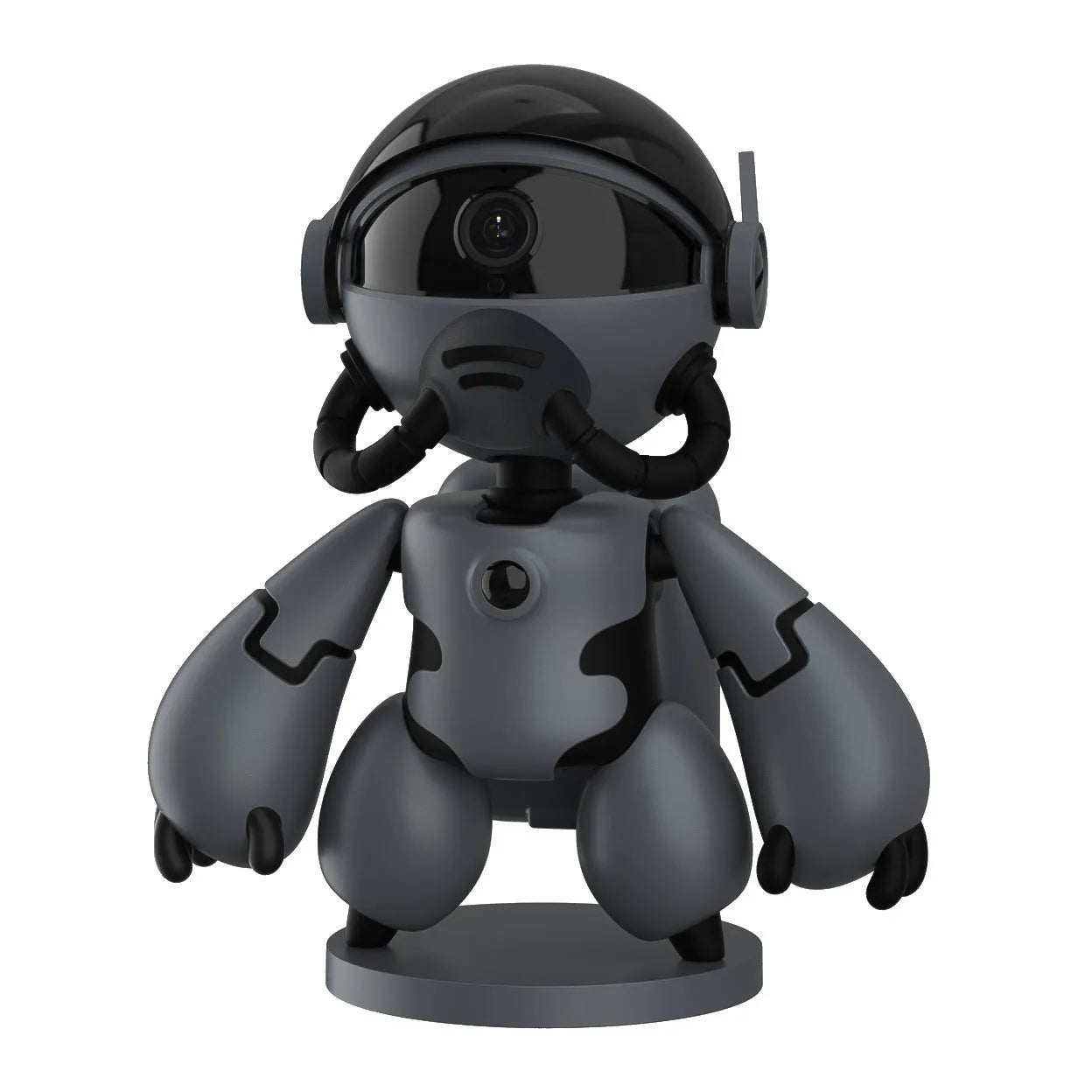 White or black Space Robot home monitoring camera on a detachable base with anti-slip pads.