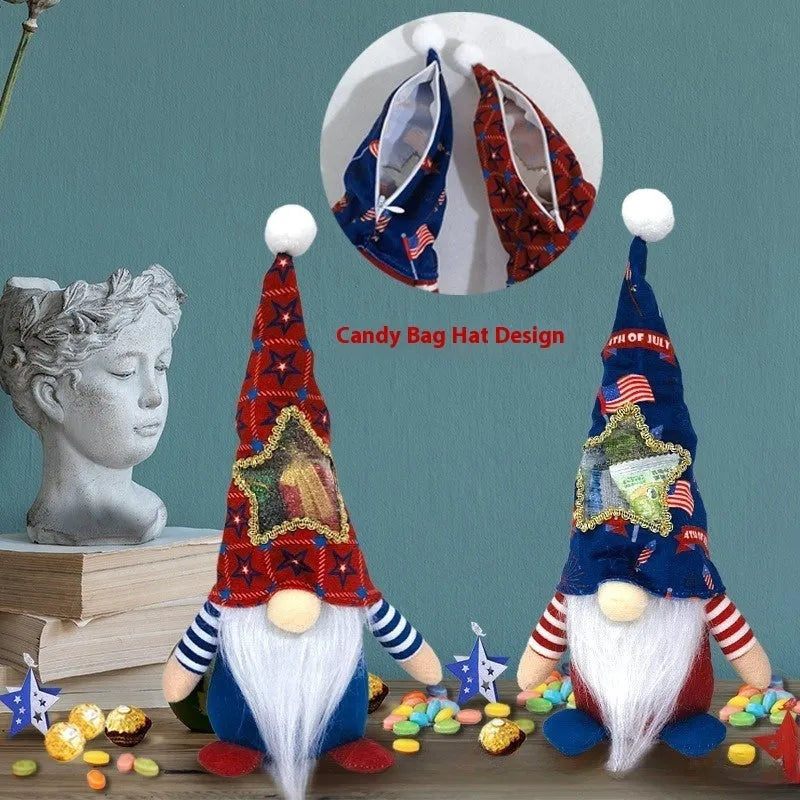 Two cloth Christmas ornaments: a faceless baby doll and a Rudolf candy bag on a red background.
