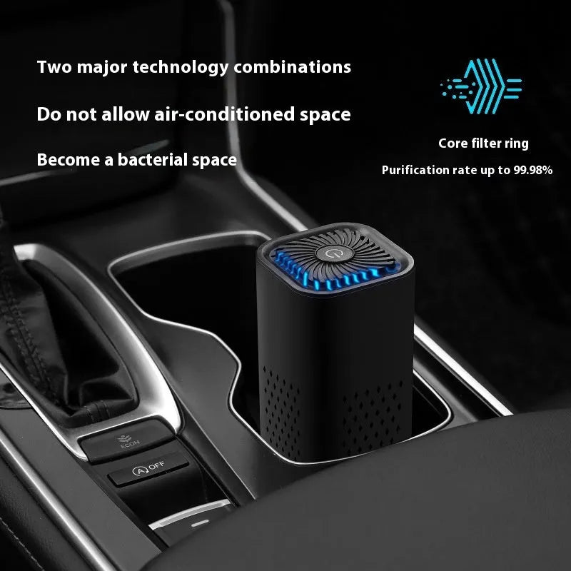 Black and white mini USB car air purifier for small spaces under 10 square metres.