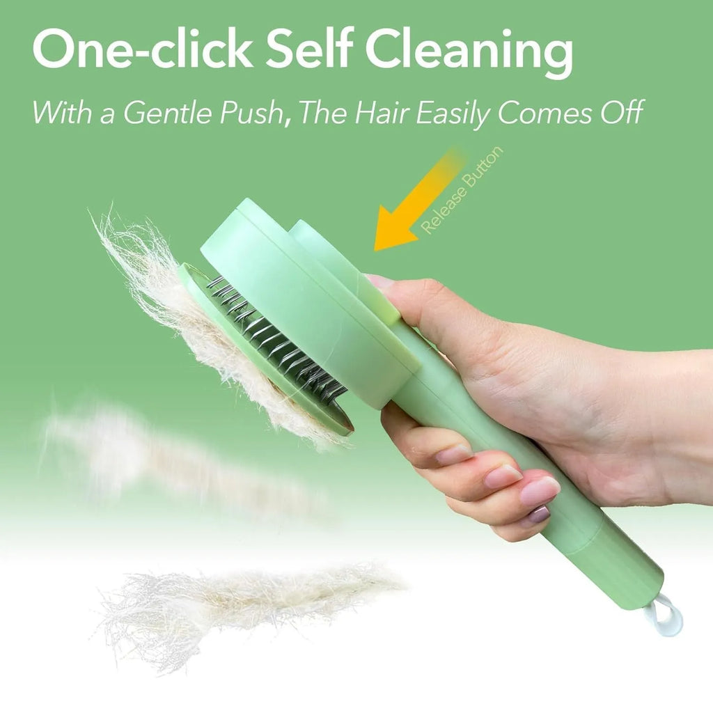Green pet grooming brush with stainless steel teeth and hair removal function for cats and dogs
