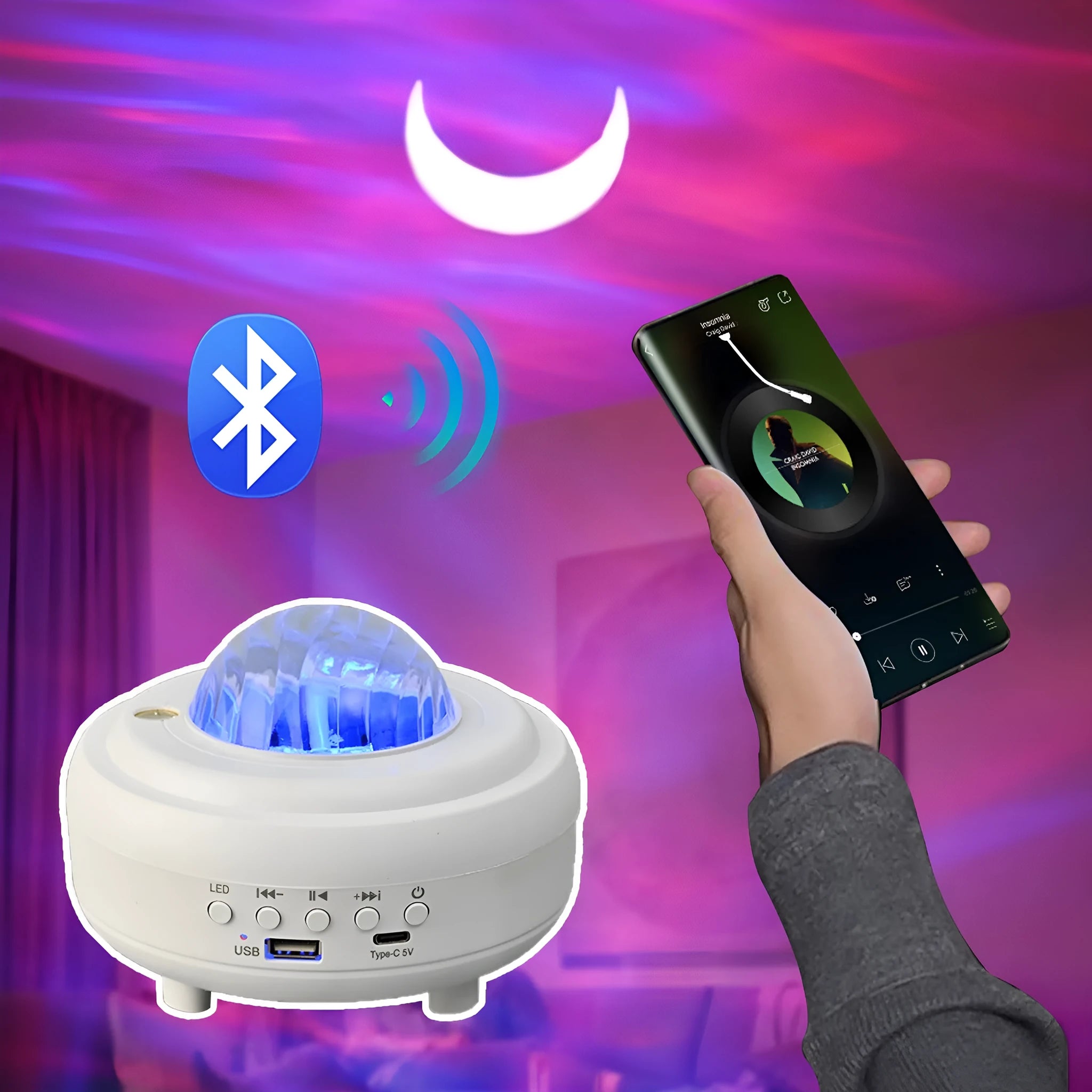 Galaxy star projector night light showing starry sky projection with Bluetooth speaker